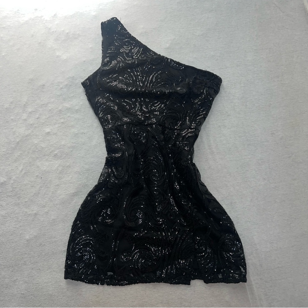 Lulus Black Sequence Asymmetrical Mini Dress